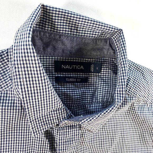 Nautica Men's Shirt LARGE Navy Blue White Short Sleeve Cotton - Picture 5 of 7